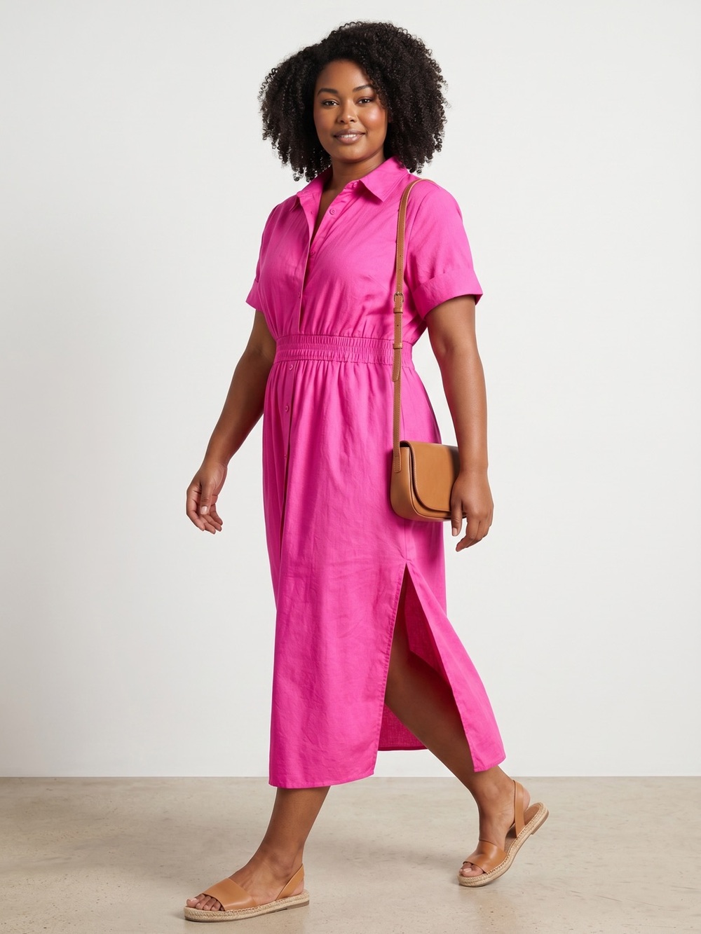 On 34th Pink Maxi Shirt Dress XL Side Slits Cotton Poplin Casual Summer Resort